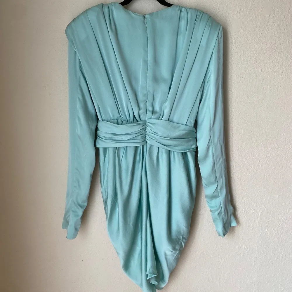 HOUSE OF CB‎ 'Pascale' Aqua Draped plunge Satin Mini Dress NWOT size M - Image 7