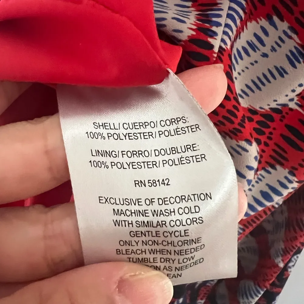 MAGGY LONDON Red White & Blue Patterned Handkerchief Hem A Line Dress Sz 4 - Image 7