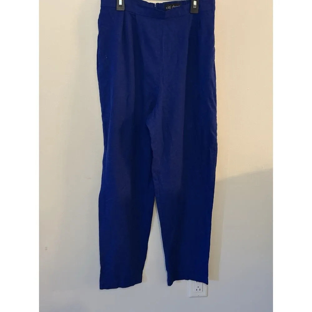 Linen Blend Button Up/Pant Set Royal Blue Embroidered Colorful Fish Size 12P VTG - Image 4