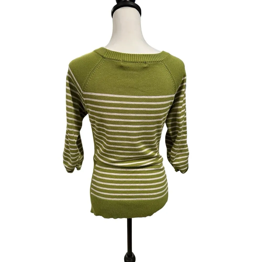 89th & Madison Green Gray Striped 3/4 Sleeve Sweater Large - Image 2