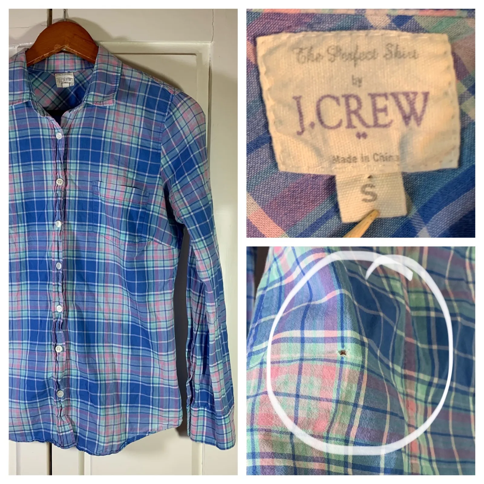 J. Crew Perfect Shirt Womens Blue Pink Green Plaid Button Down Casual Size S - Image 2