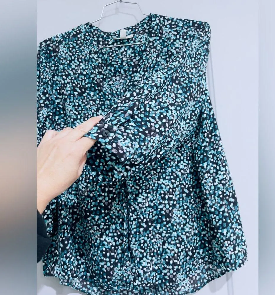 Dana Buchman Blouse Womens Size XL Black Blue Dots 3/4 Sleeve Vneck - Image 9