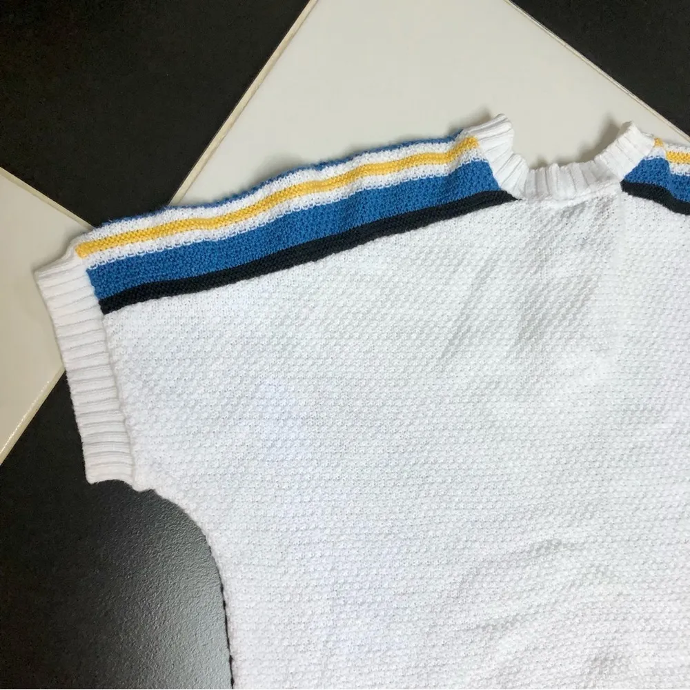 Vintage 70s 80s  Knit Polo Short Cap Sleeve Sweater White Blue XL - Image 8