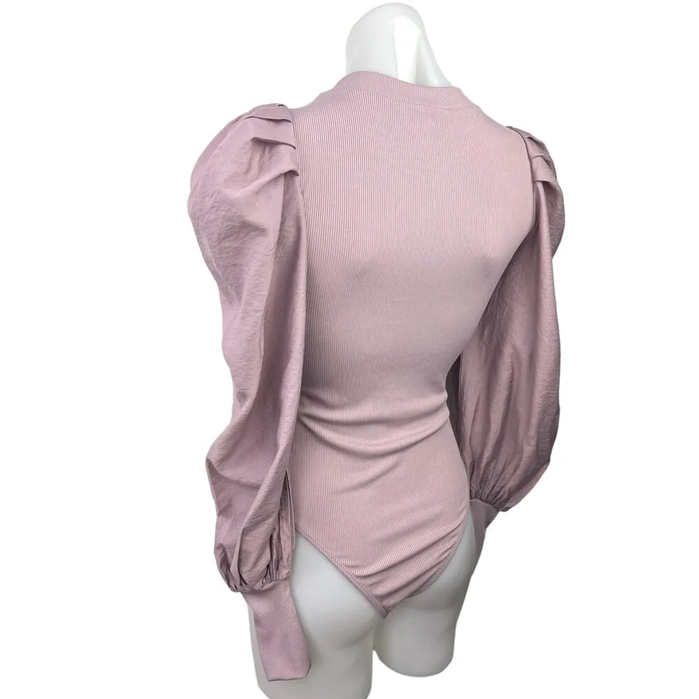 Forever 21 Women's Purple Ribbed Crew Neck Long Puff Sleeve Bodysuit Top Size S - Image 2