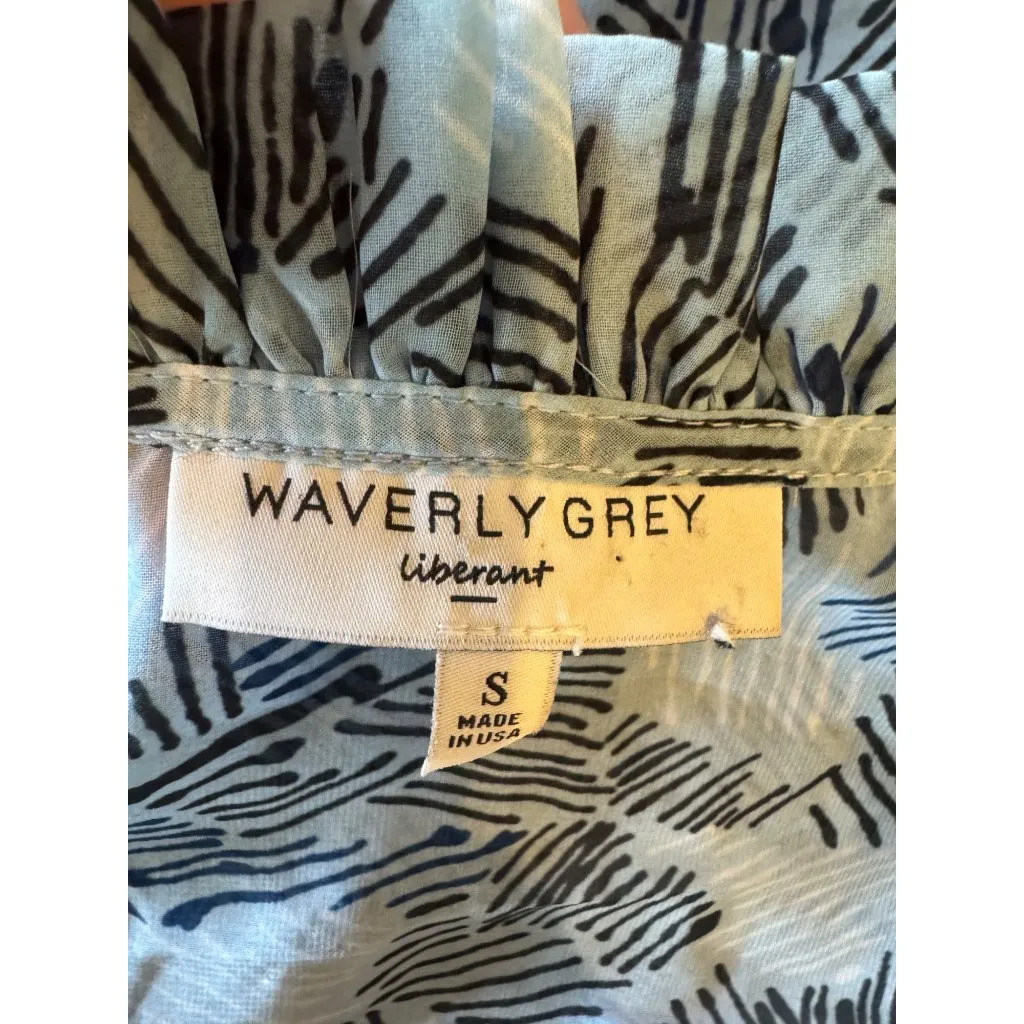 Waverly‎ Grey Shirt Women Small Blue Abstract Chiffon Button Front Tie Waist Top - Image 8