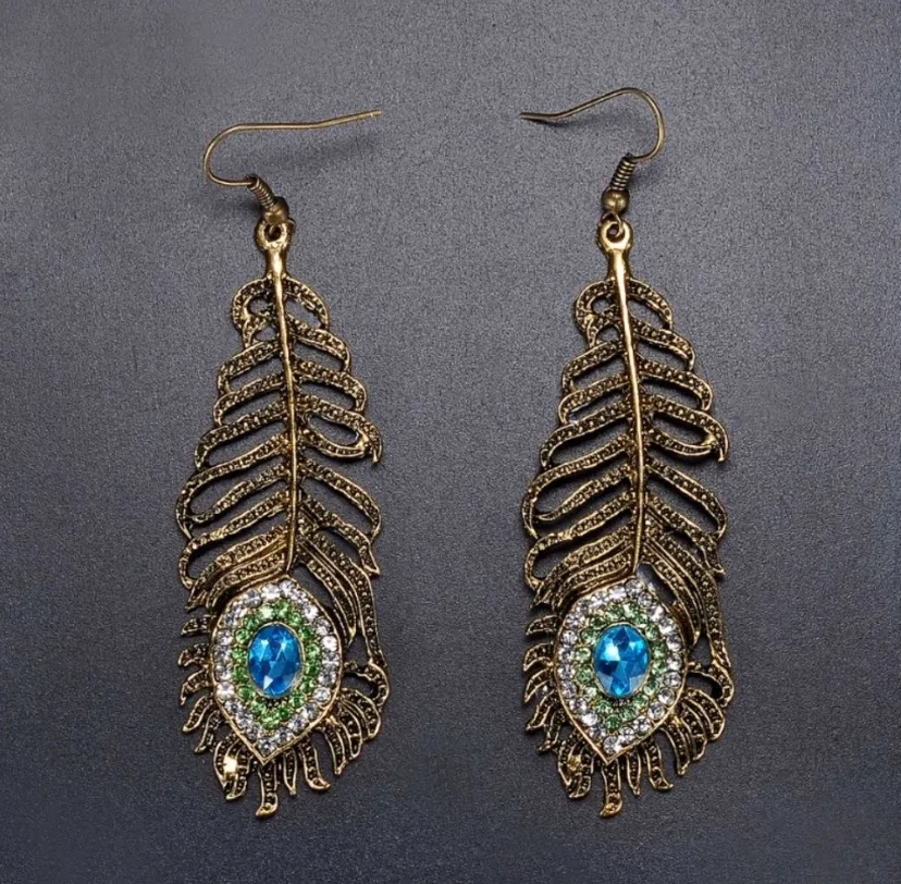 Peacock Feathers Rhinestone Dangle Earrings - Image 2