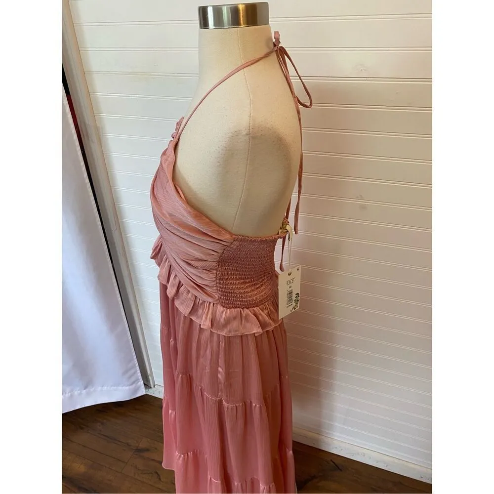 Chelsea & Violet Plisse Pink Satin Halter Neck Tiered Dress - Image 4