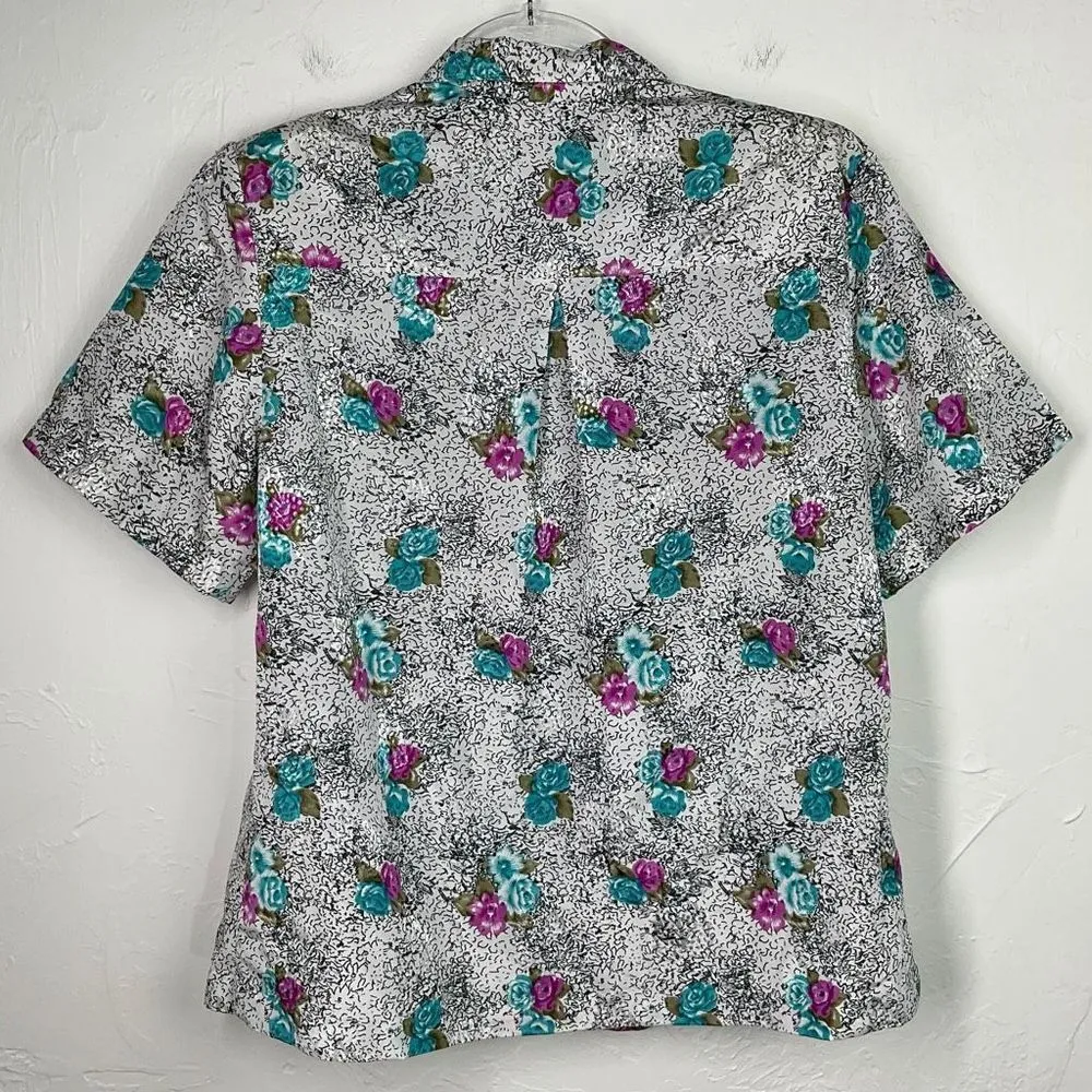 Karyl Kaye Petites Vintage White Floral Short Sleeve Button Up Shirt Medium Multiple - Image 4