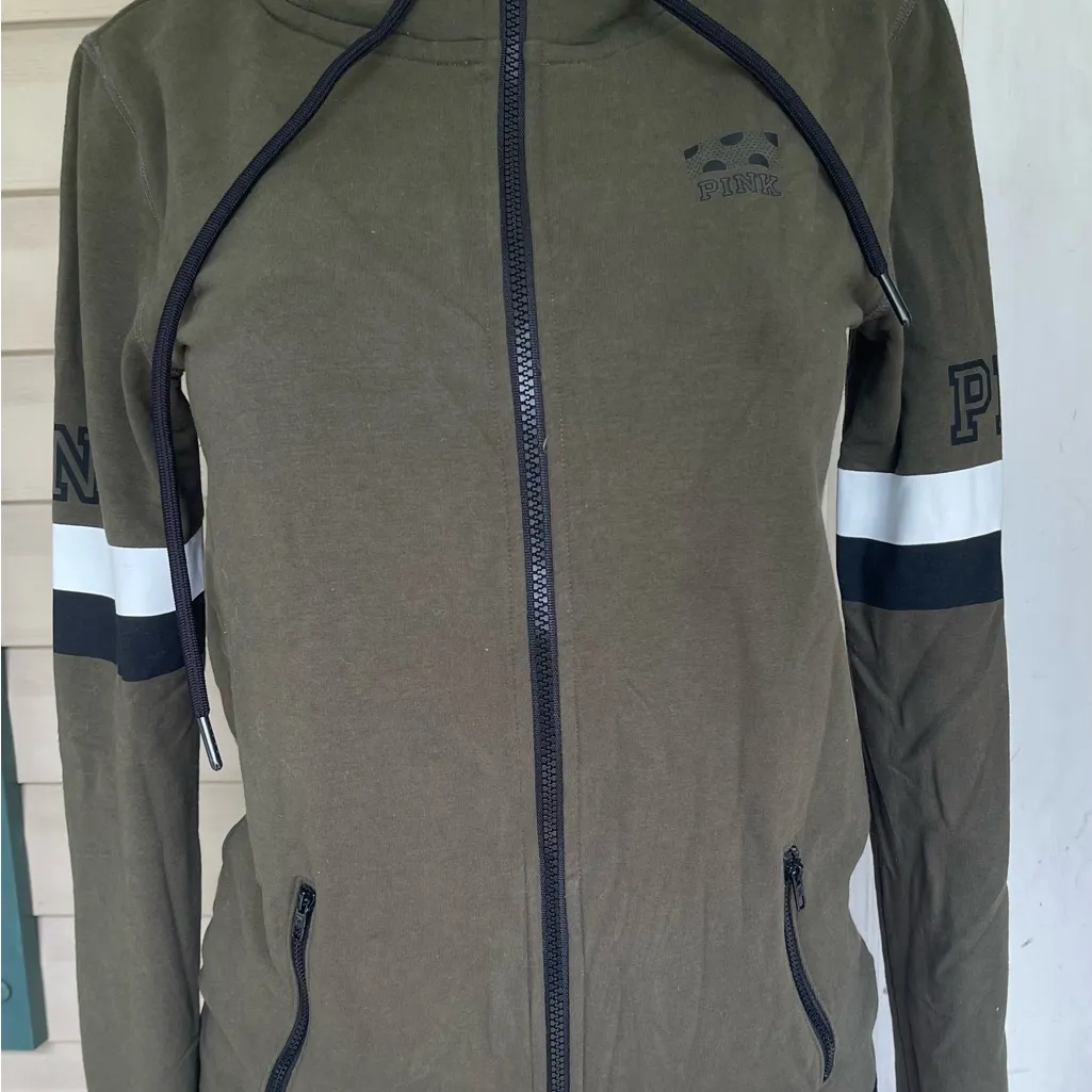 Pink Victoria's Secret Tops Pink Olive Army Green Zipper Hoodie Sweatshirt - Image 7