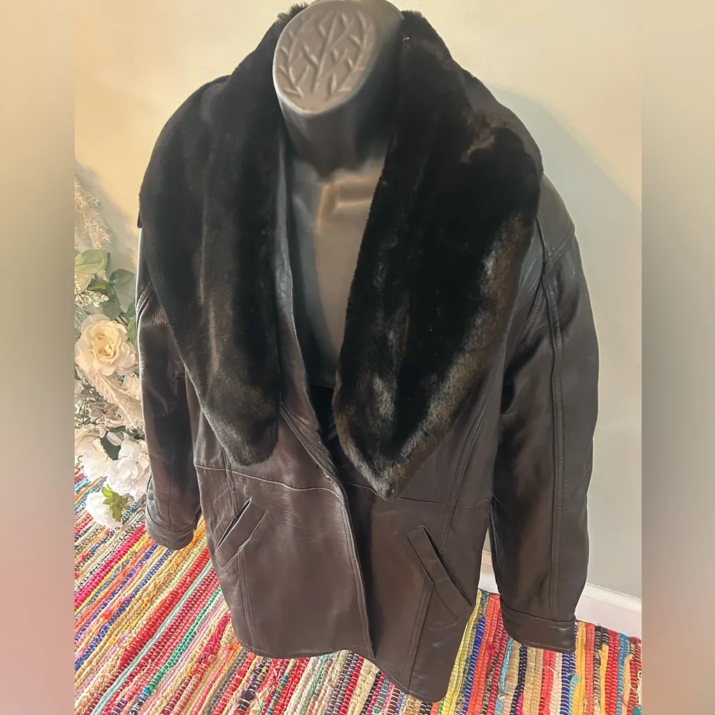 80s Leather Jacket Winter Snow Coat Faux Fur Lined Vintage Black Small - Image 2