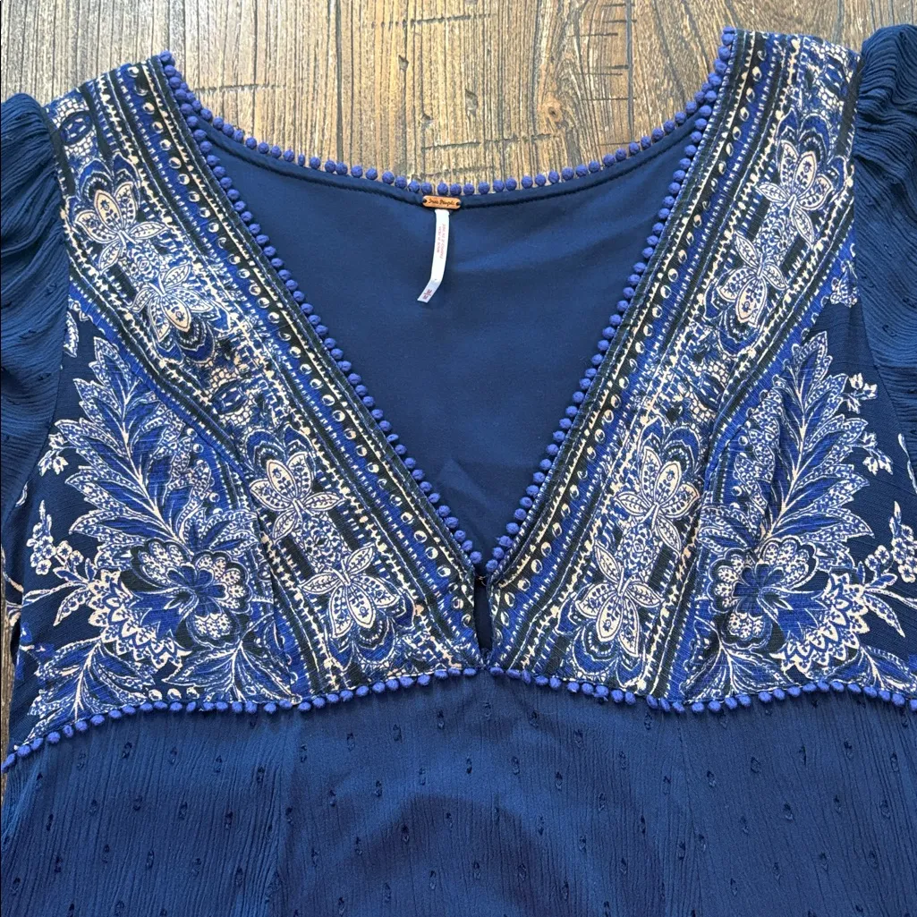 Free People My Love Mini Dress Indigo Navy Embroidered Pom Pom Medium - Image 3