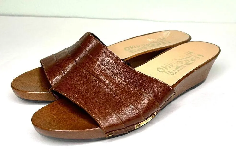 Salvatore Ferragamo Vintage Leather Wedge Slide Sandals in Tan Size 6.5 / 7 N - Image 12