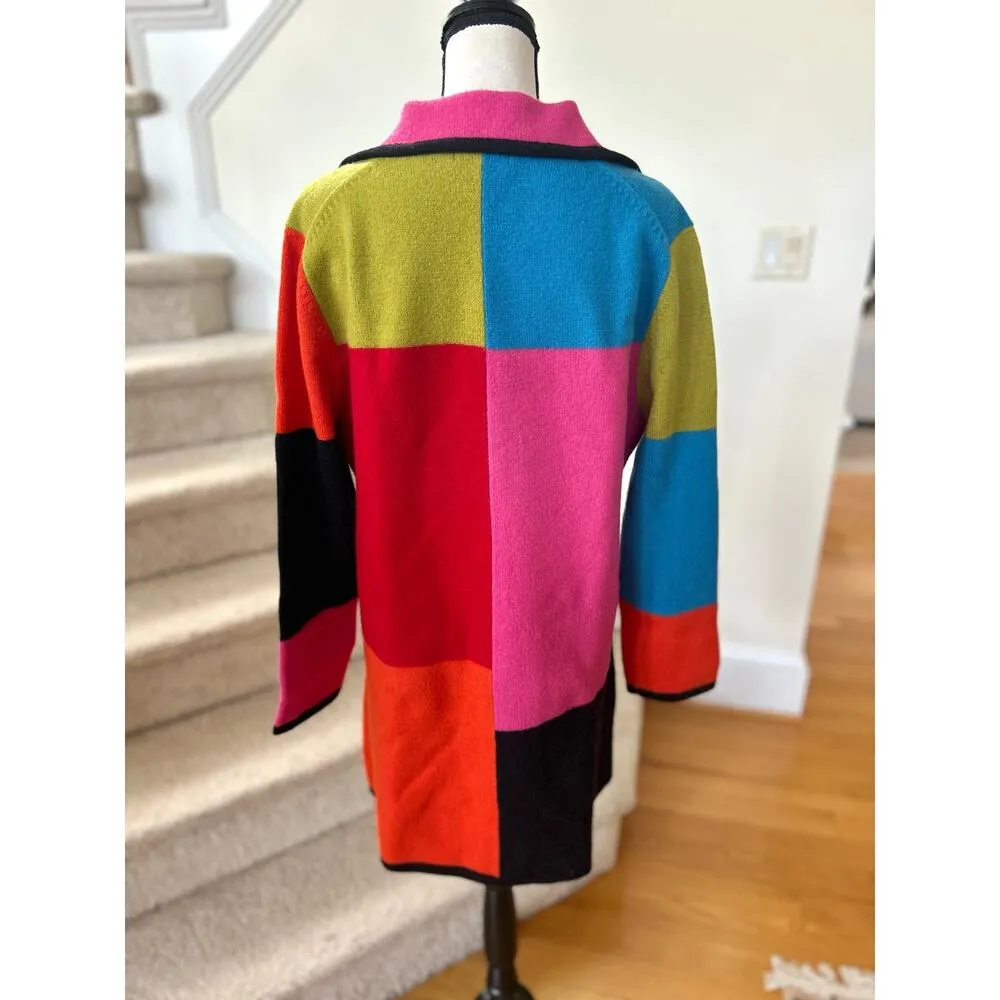 Mendocino Abstract Pink Red Green Blue Block Print Long Line Wool Cardigan Size M - Image 3