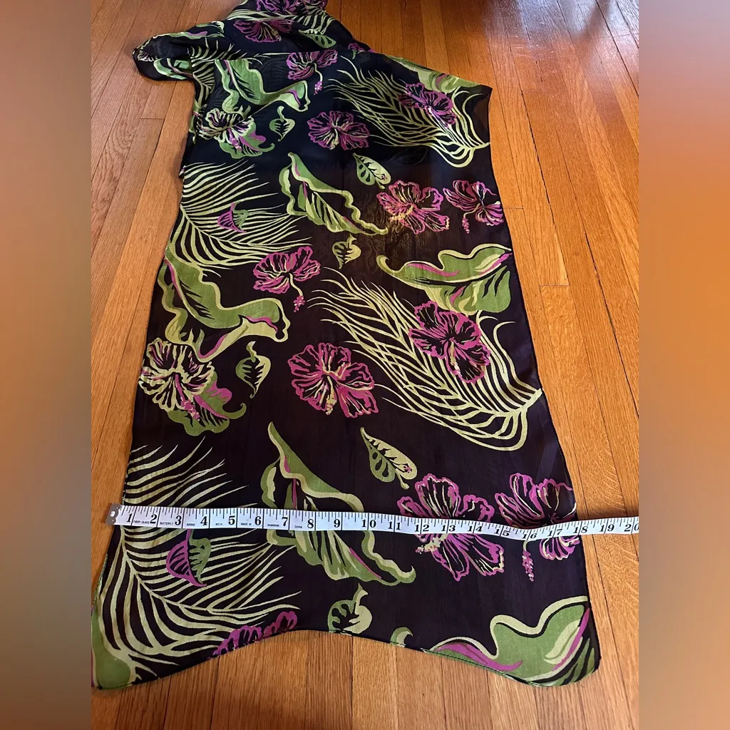 Vintage Zazou Hibiscus & Palm Frond Rayon Rectangle Scarf Black - Image 2