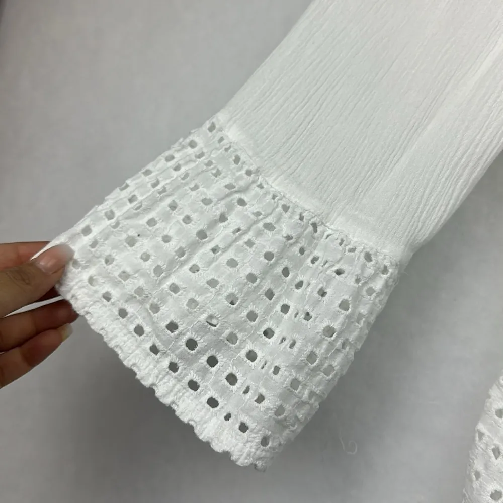 WHITE Ruched Off Shoulder LACE DETAIL HEM TOP Sz S - Image 3