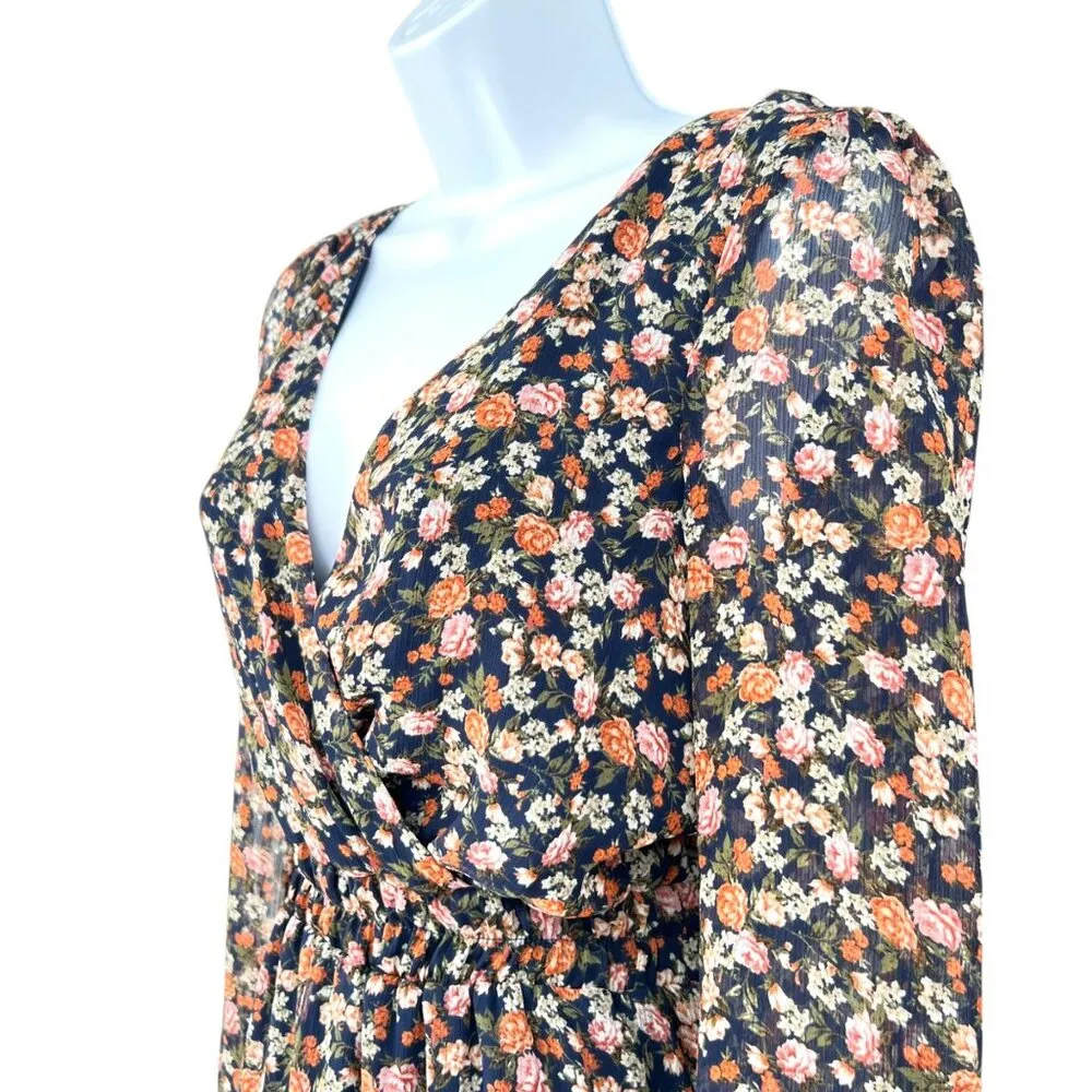 Trixxi Floral Sheer Long Sleeve V-Neck Mini Dress Navy Blue Orange Size Small - Image 5