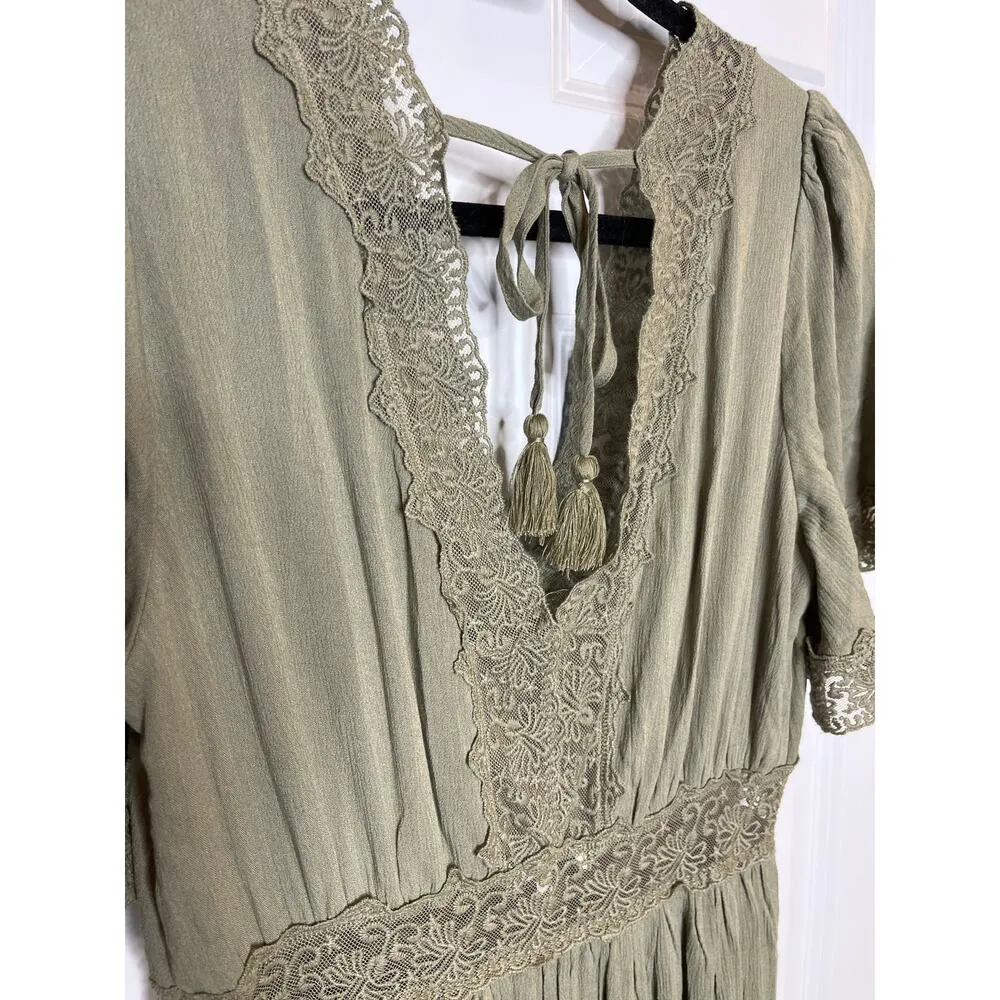 Ivy May Sage Green V Neck Maxi Dress with Lace Detailing Size Medium - Image 3
