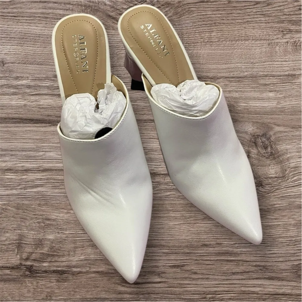 ALFANI Junnee White Leather Mules | Size 9 | Sculptural Heel | NWT - Image 3