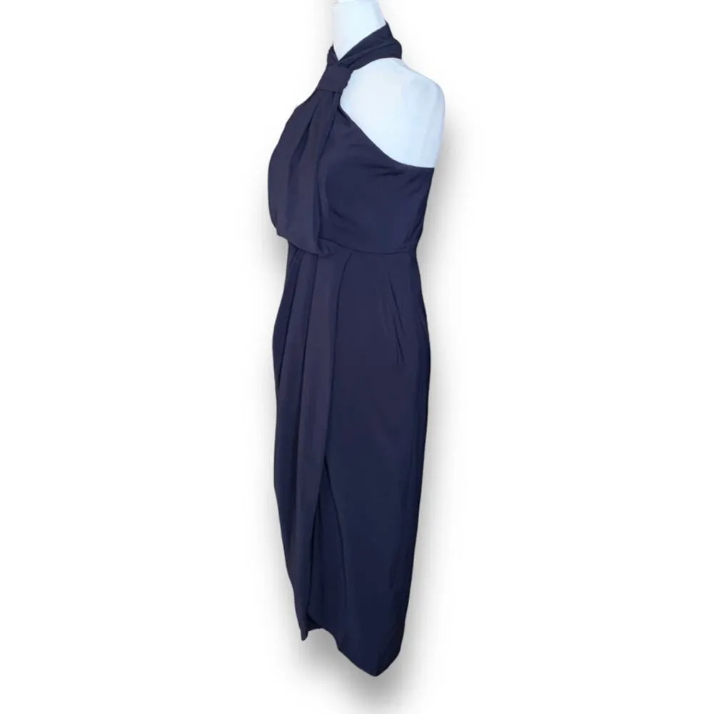 Shona Joy Revolve Knot Draped Halter Dress Navy Blue Maxi 4 Cocktail Formal - Image 3
