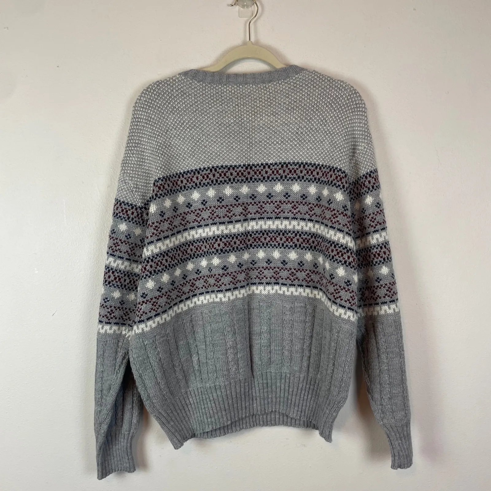 Mens Fair Isle Geometric Pattern Crewneck Grandpa Sweater XL Acrylic Gray‎ Gray - Image 8
