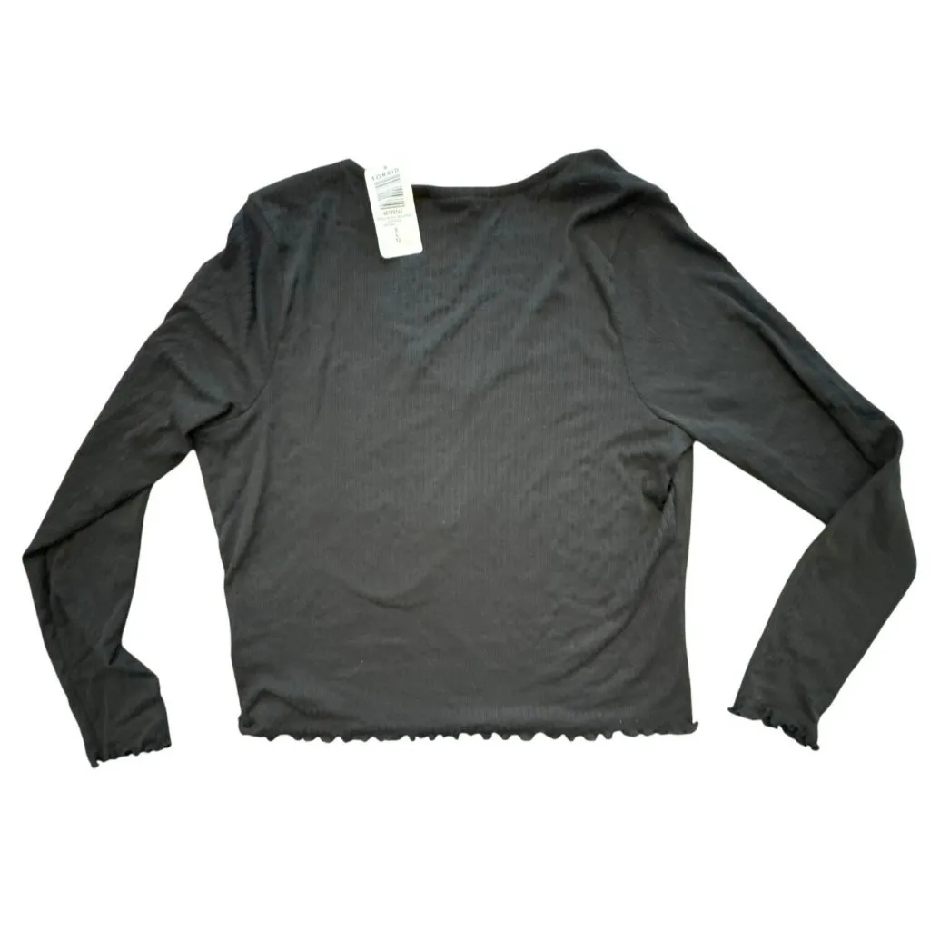 Torrid Black Long Sleeve Pointelle Rib V-Neck T-Shirt LARGE 12 0 NWT Stretch - Image 6