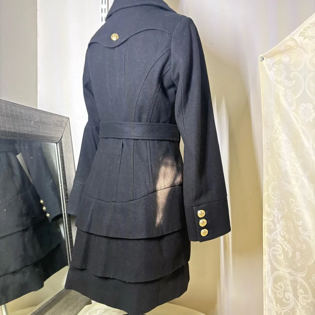 Vintage Guess Black Double Breasted Wool Trench Coat with Gold Accents - Image 6