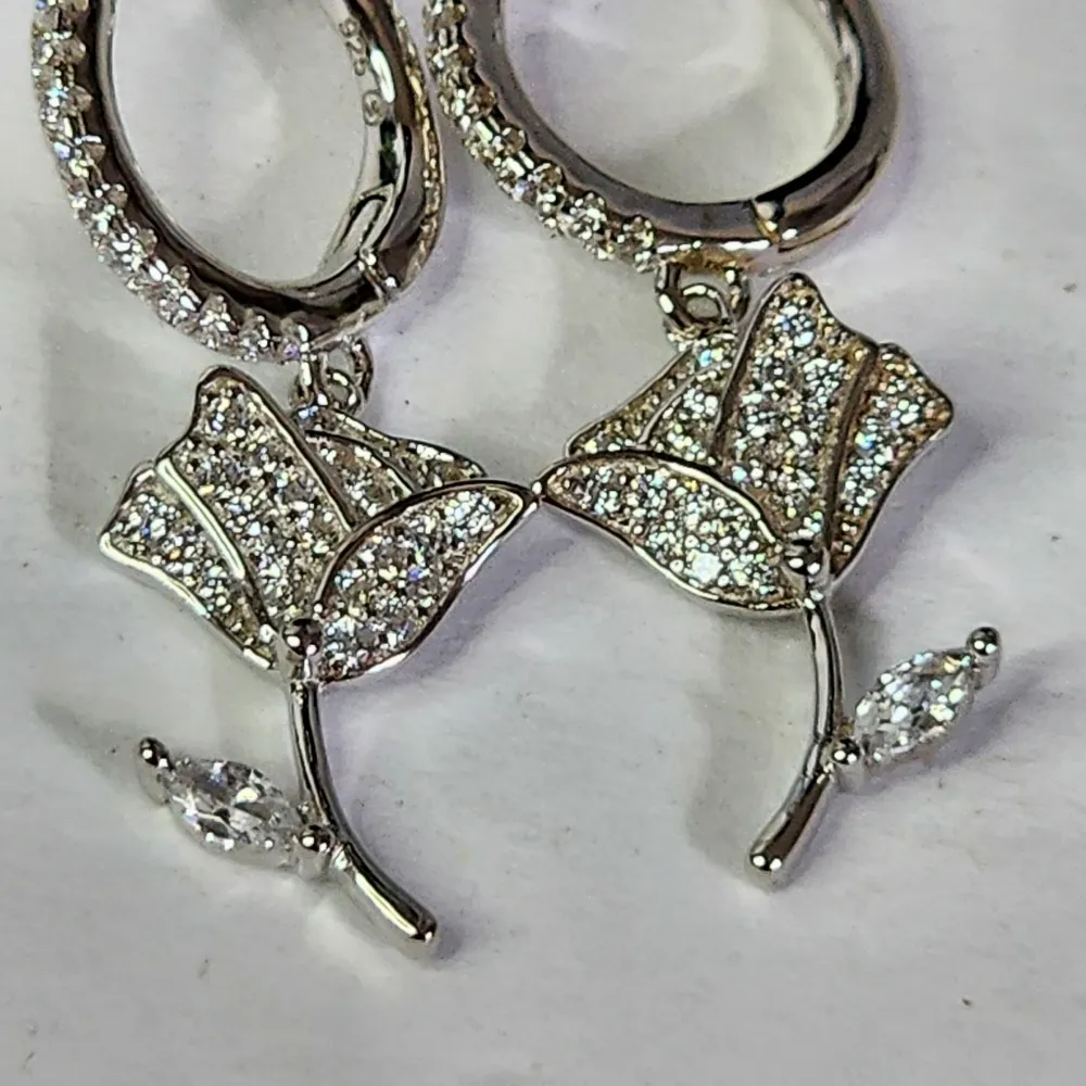 Sterling Silver with CZ Crystals Flower Huggie Hoop Earrings New - Image 3