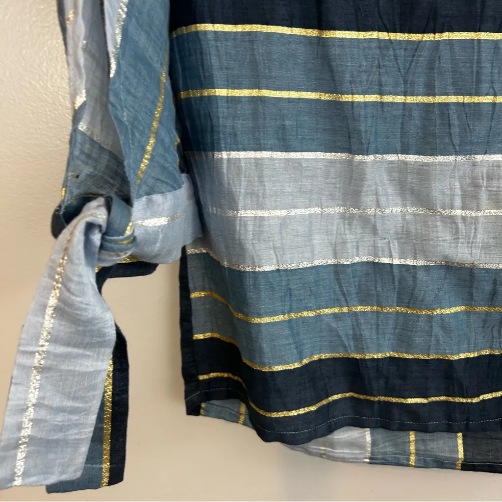 Vilagallo Blue Metallic Striped Split Neck Linen Blend Popover Blouse Size 8 - Image 5
