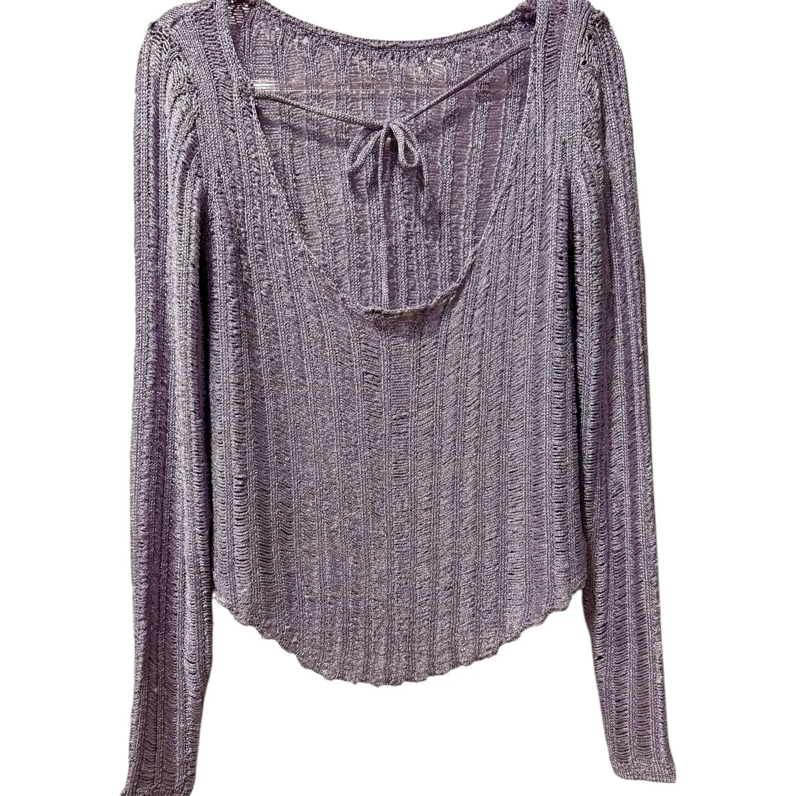 NWOT $128 Free People Let's Dance Long Sleeve Open Ladder Lilac Knit Sweater‎ SM - Image 4