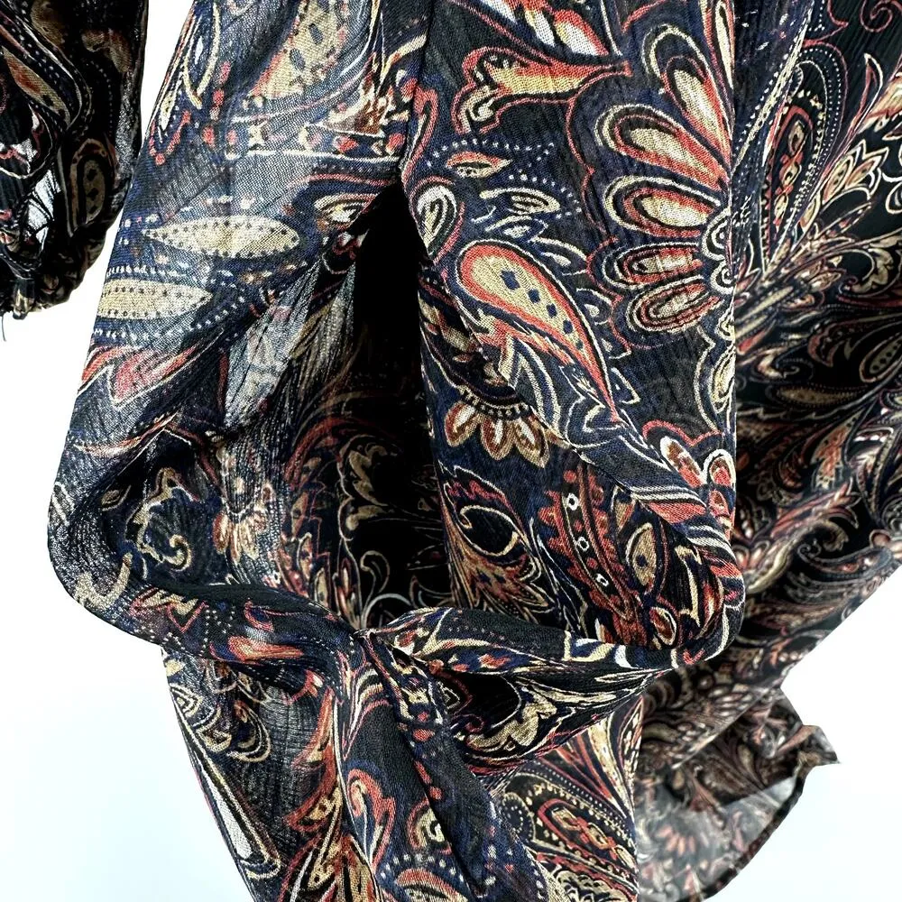 Evereve Eliza Dress Midi Chiffon Paisley Puff Sleeve V-Neck Tie Neck A Line S - Image 3