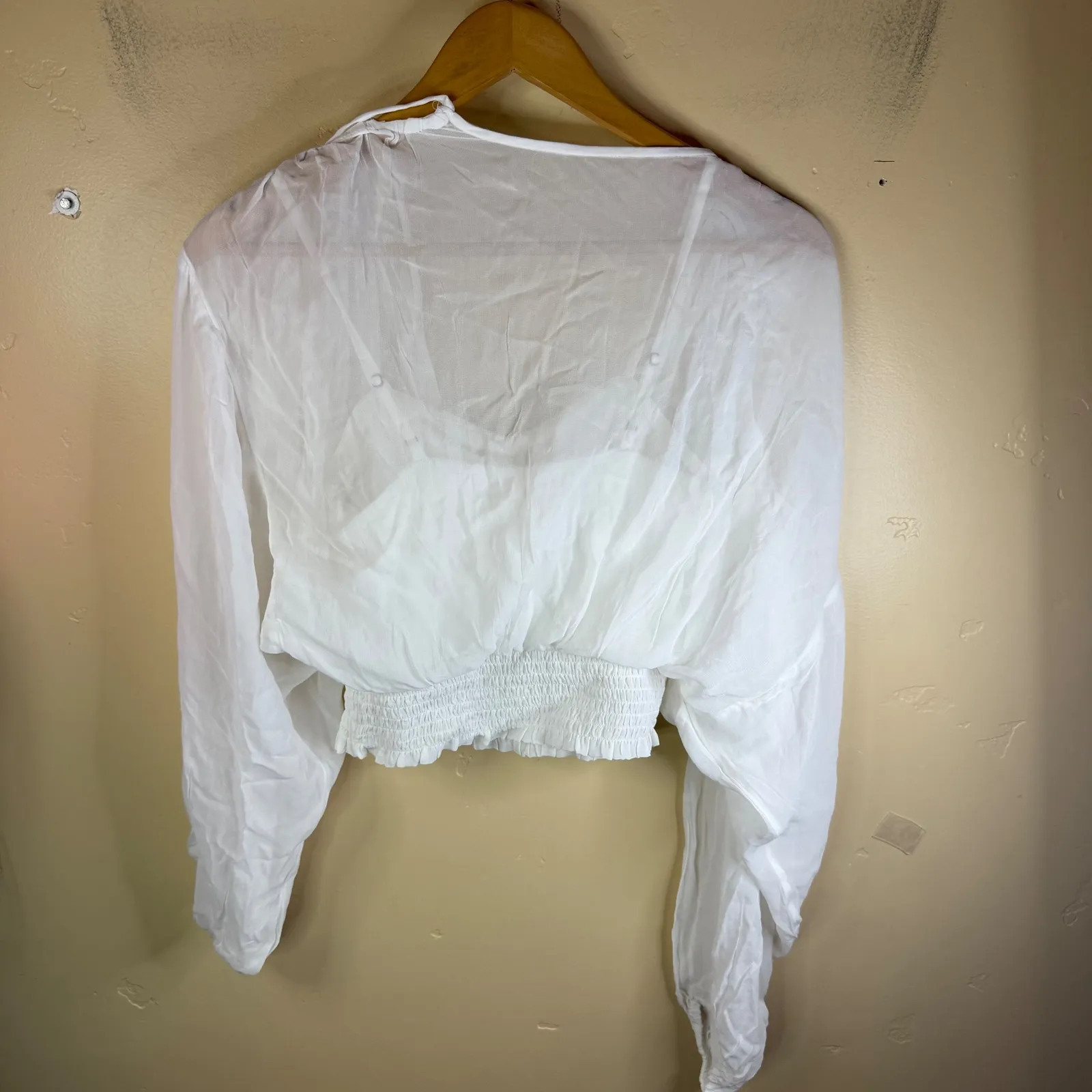 Anthropologie White Sheer Surplice Smocked Waist Long Balloon Sleeve Crop Top XS - Image 10