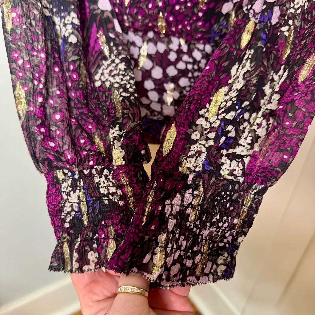 White House Black Market Long Sleeve Floral Metallic Blouson Blouse Purple 10 - Image 9