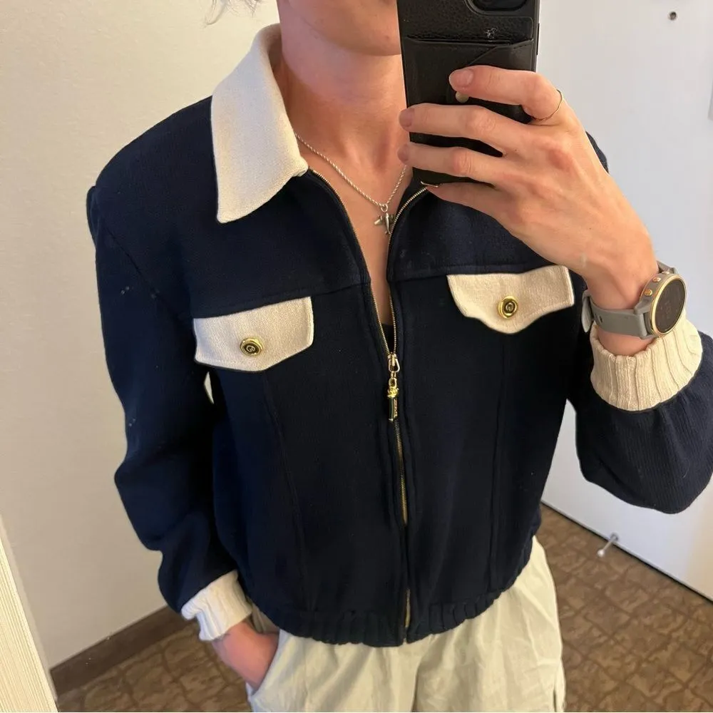 St John Navy Cream Santana Knit Bomber Jacket - Image 3