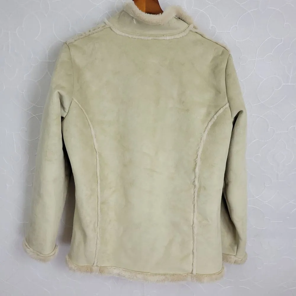 Denver Hayes Womens Winter Jacket Large Beige Green Faux Mock Neck Button Pocket - Image 3