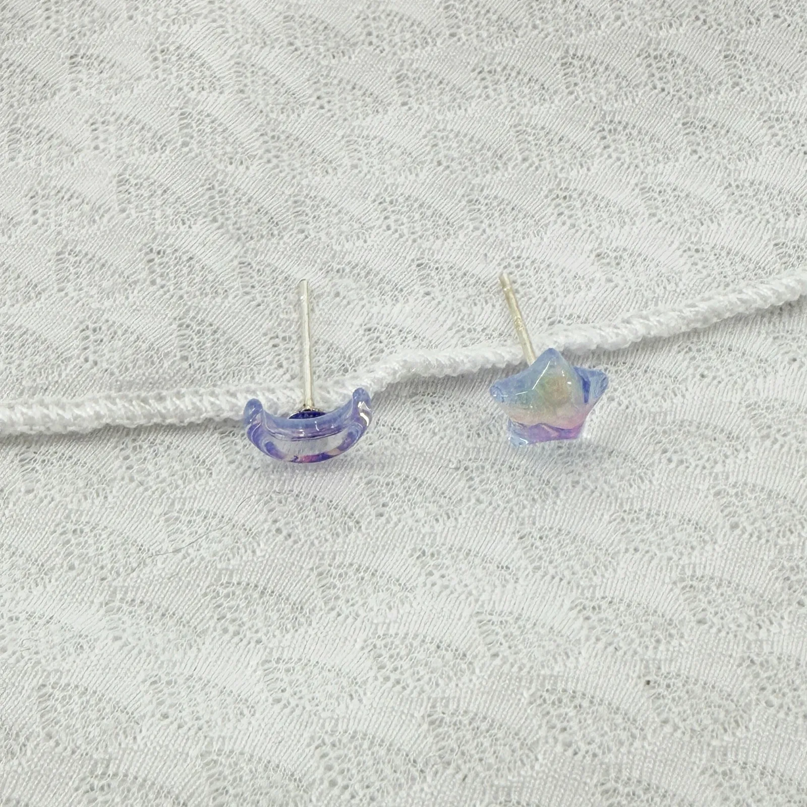 Mini Purple Iridescent Star And Moon Mismatched Stud Earrings - Image 2