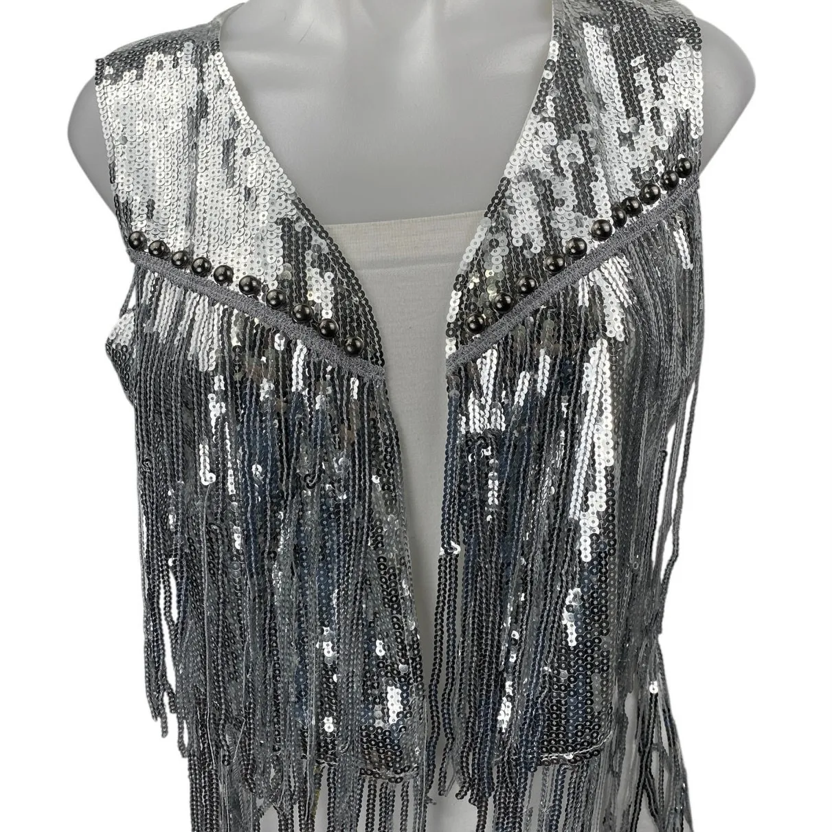Women's Silver Sequin Sparkly Fringe Cowboy Sleeveless Y2k Vest Jacket Size S - Image 3