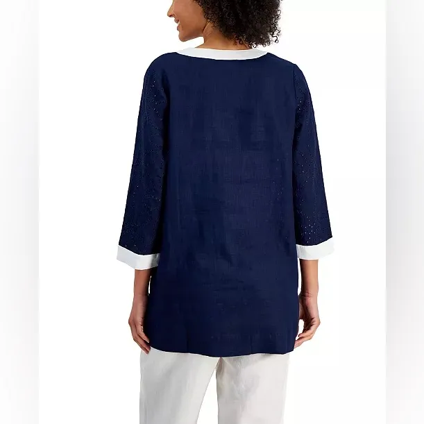 NWT Charter Club Luxury 100% Linen Tunic Blouse Women’s‎ Size XL Navy Blue - Image 4