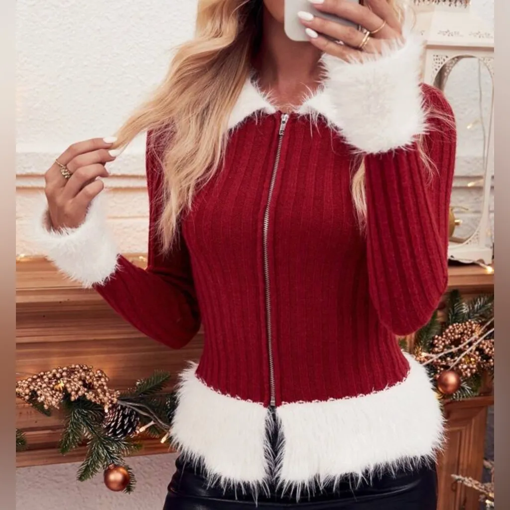 LAST ONE Holiday Fuzzy Fur Trim Sweater Red Size M - Image 7
