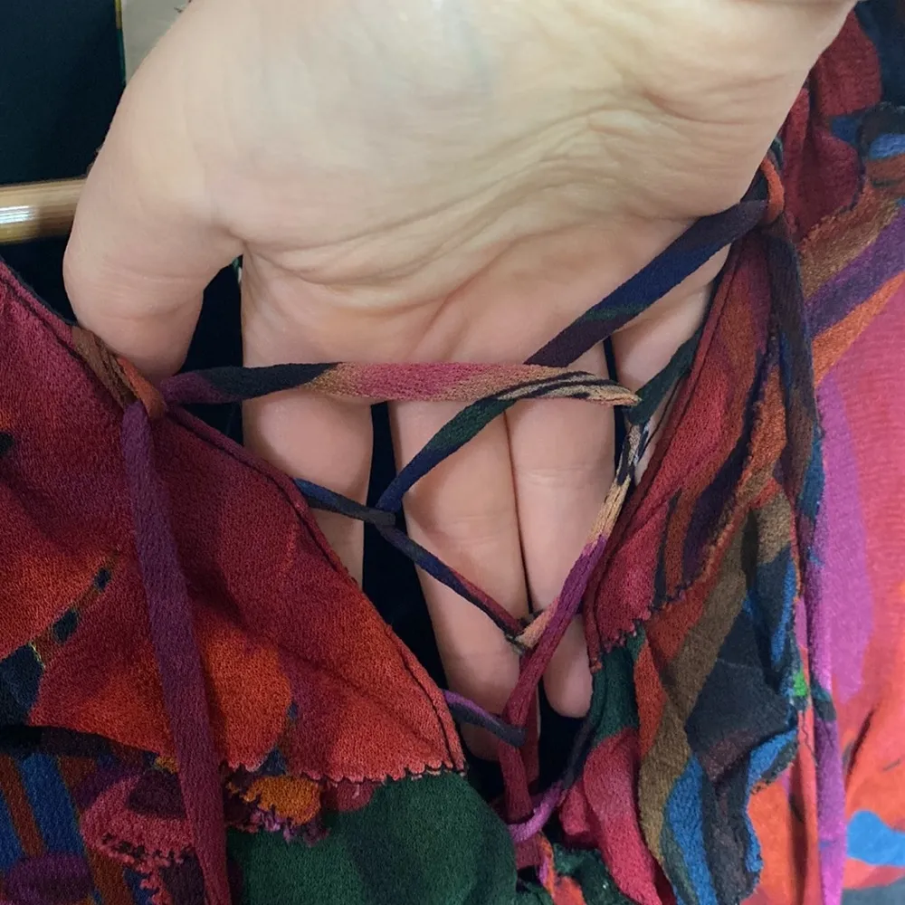 Farm Rio Bird Flowers long sleeve ruffled lace up maxi dress size XS - Image 12