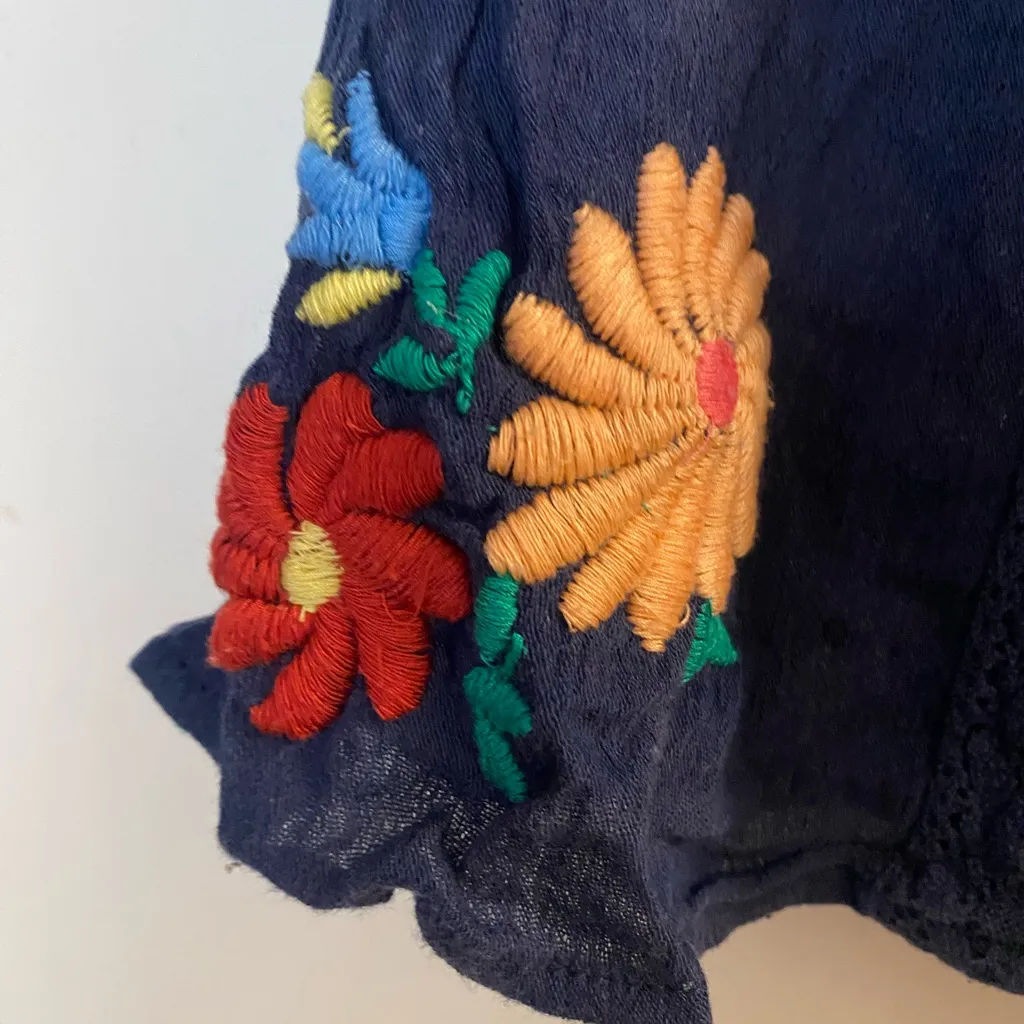 Arie Womens Navy Blue Mini Skirt M Embroidered Flowers Embroidery Waist 30” 32” - Image 3