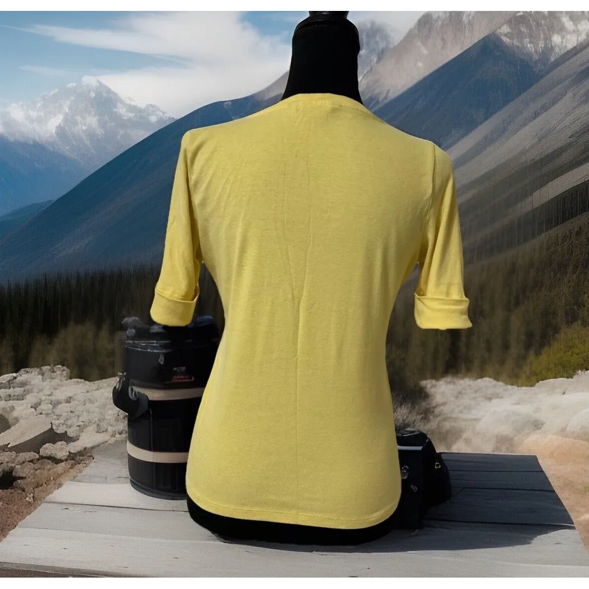 LRL‎ Very Sexy Low Cut V-Neck Cleavage Baby Yellow Slimming Cuff Sleeve TEE -S - Image 2