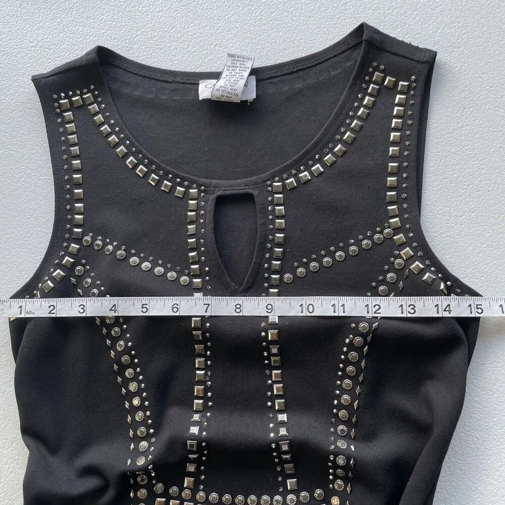 CARMEN MARC VALVO Sheath Dress Womens XS Black Silver Studded Ponte Knit Keyhole - Image 11