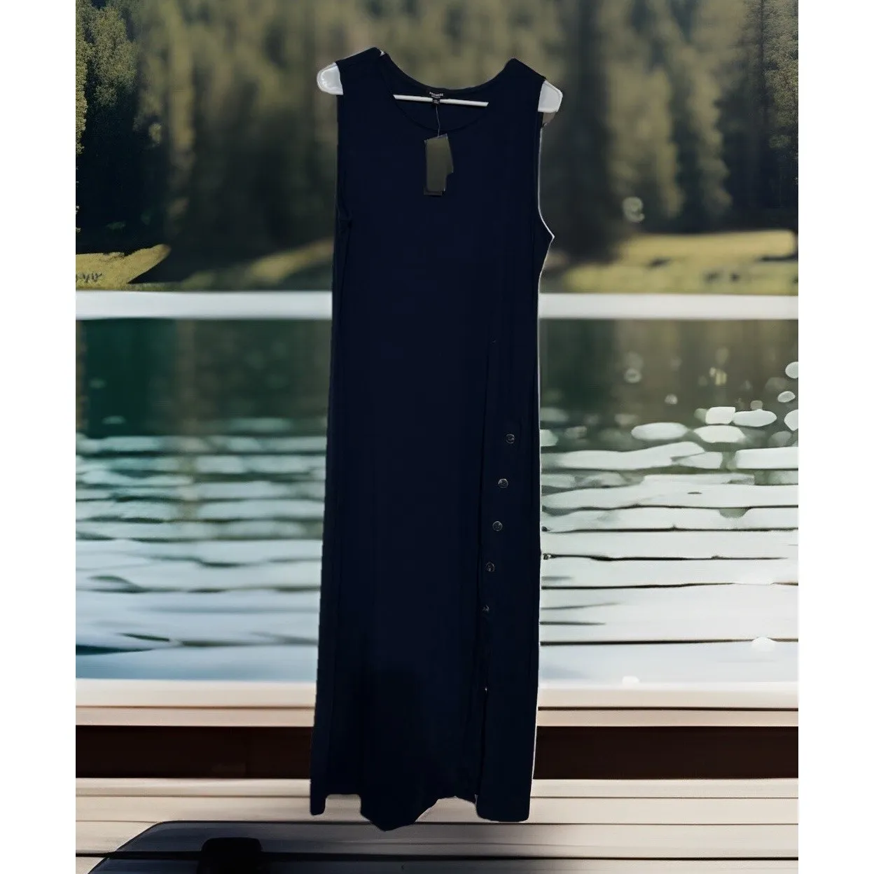 y2k NWT Chic Premise Sleeveless Knit Maxi Dress w Side Slip‎ Navy Color  - XL - Image 5