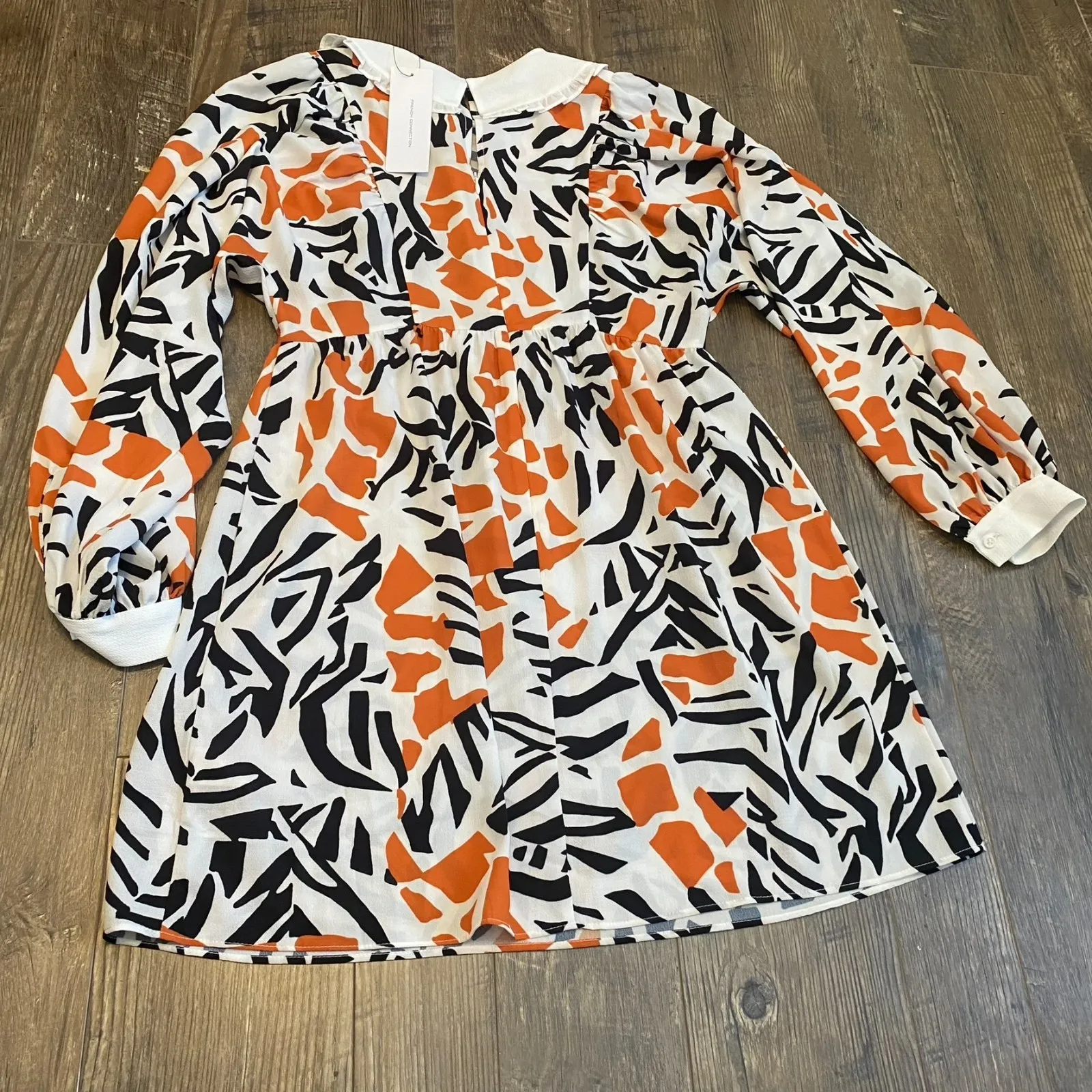 FCUK Size 4 Afra Collared Puff Sleeve‎ Mini Dress Orange Black Animal Print - Image 6