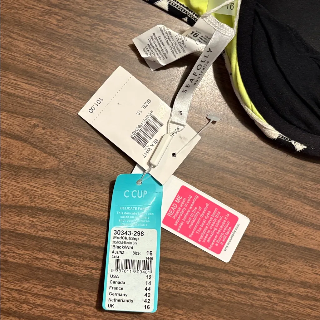 NEW Seafolly Australia Size 12 Mod Club Bustier Bra Bikini Top Black White NWT - Image 3