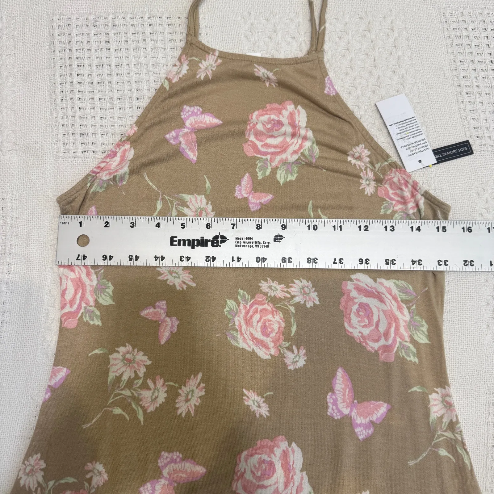 new BP. medium sleeveless knit Anna Floral print lettuce trim hem dress D2 3119 Brown - Image 4