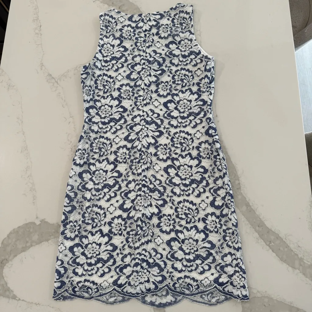 Lauren Ralph Lauren Floral Lace Sheath Dress Women’s 10 Blue/White Scalloped Hem - Image 7