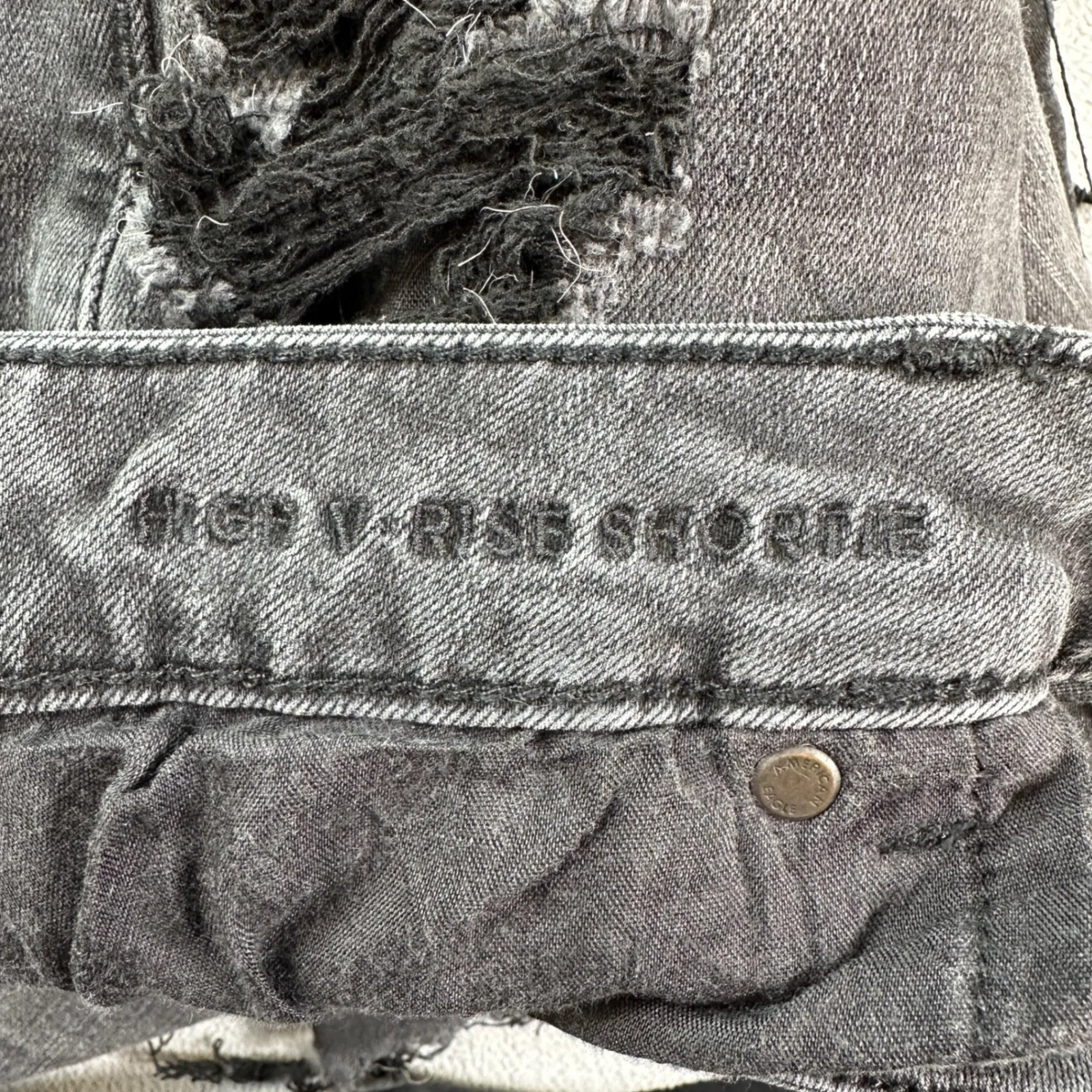 American Eagle Denim Jean Shorts 16 Womens Black High V Rise Shortie Raw Hem - Image 6