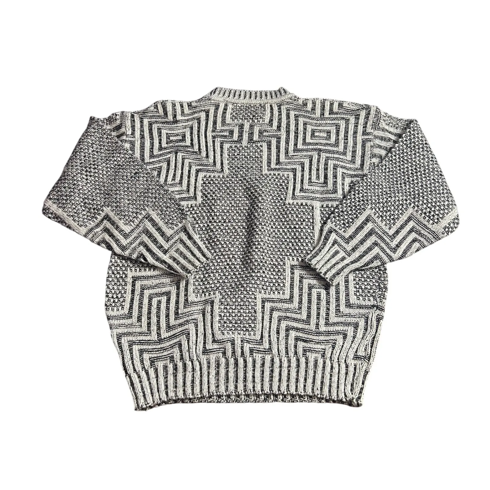 Vintage 90s CHIA Geometric Pattern Leather Trim Crew Neck Knit Sweater Sz Medium Black - Image 4