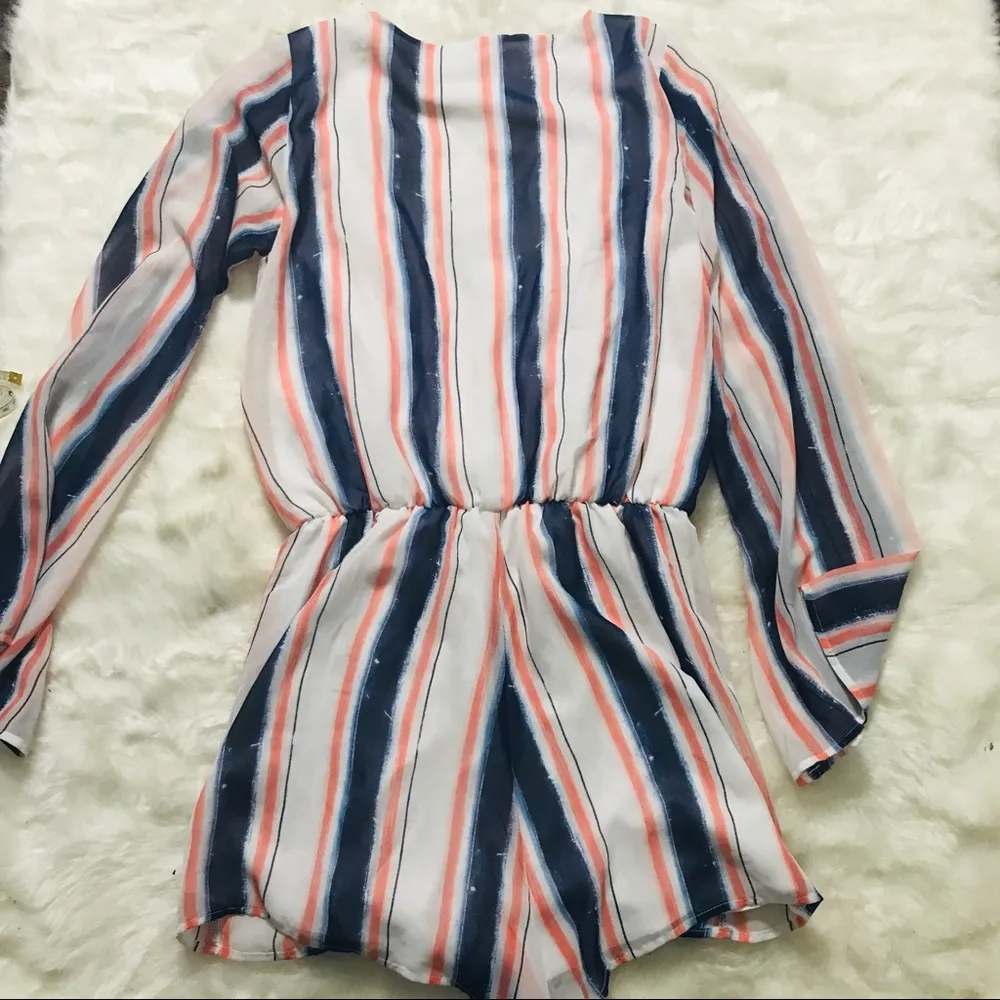 Leith Striped Long Sleeve Flowy Romper Size Medium White, Coral Pink, & Blue - Image 8